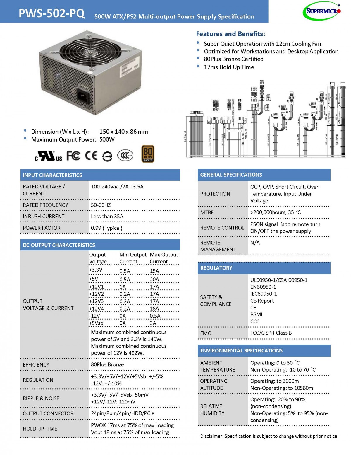 PWS-502-PQ Supermicro uyumlu Sunuuc tip Güç Kaynağı